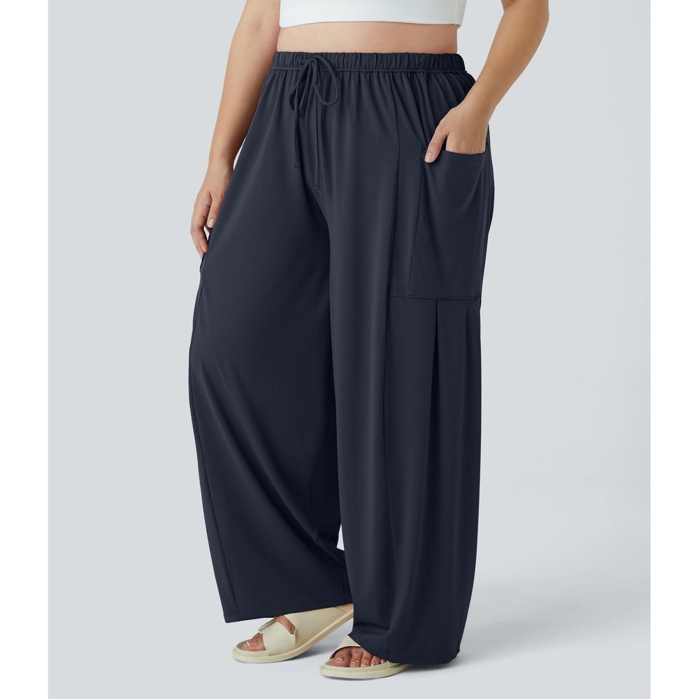 Halara Sz 1X Navy Blue Mid Rise Drawstring Wide Leg Flowy Palazzo Pants Pockets